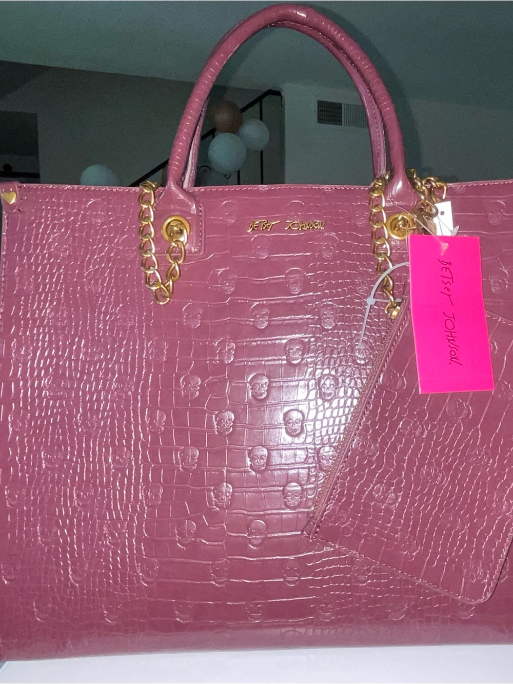 Betsey Johnson Cherry Colored Croc-Embossed Tote with Gold Chain & Stud Accents